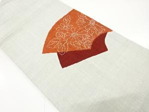 手織り紬　切りばめ　刺し子地紙に菊模様名古屋帯